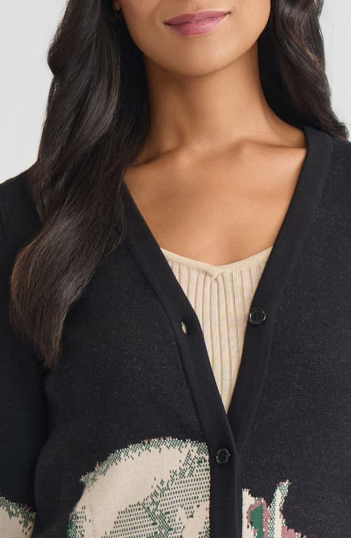 Misook Relaxed Floral Jacquard Knit Cardigan In Black