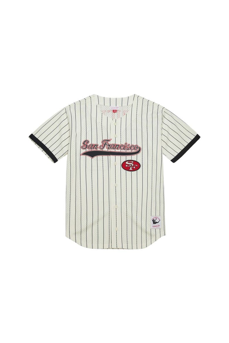 Men's Mitchell & Ness Jerry Rice Cream San Francisco 49ers Name & Number Mesh Button-Up Baseball Jersey, Main, color, Cream