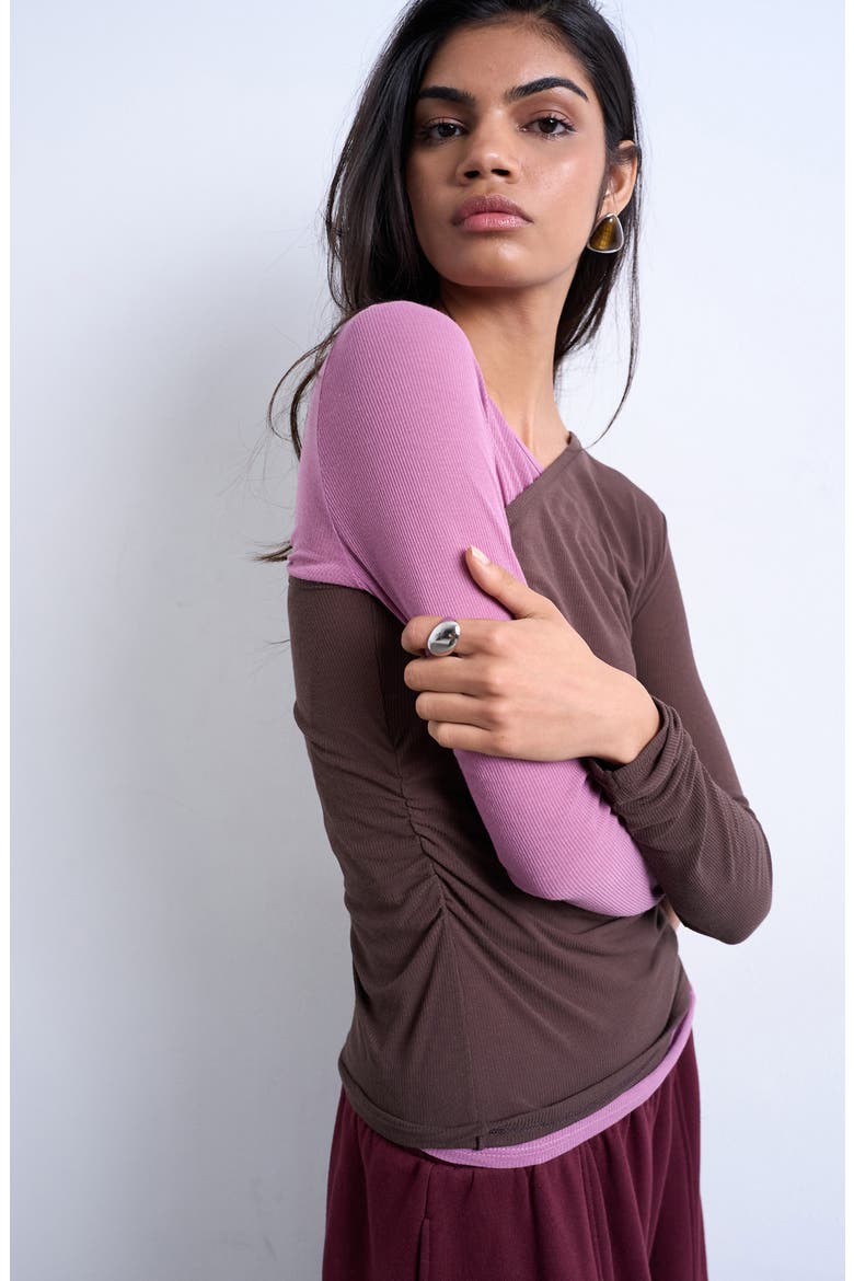 Colorblock Rib Top, Alternate, color, PINK AND CHOCOLATE