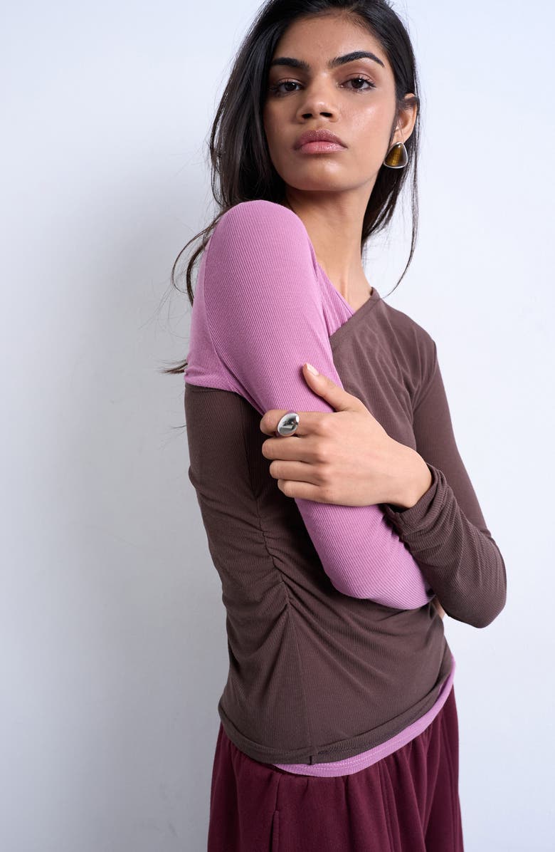 Topshop Colorblock Rib Top, Alternate, color, Pink And Chocolate