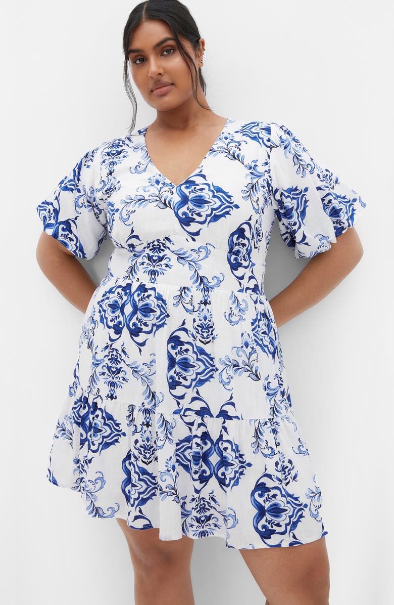 City Chic Winslow Print Ruffle Hem Puff Sleeve Dress, Alternate, color, Willow Blue