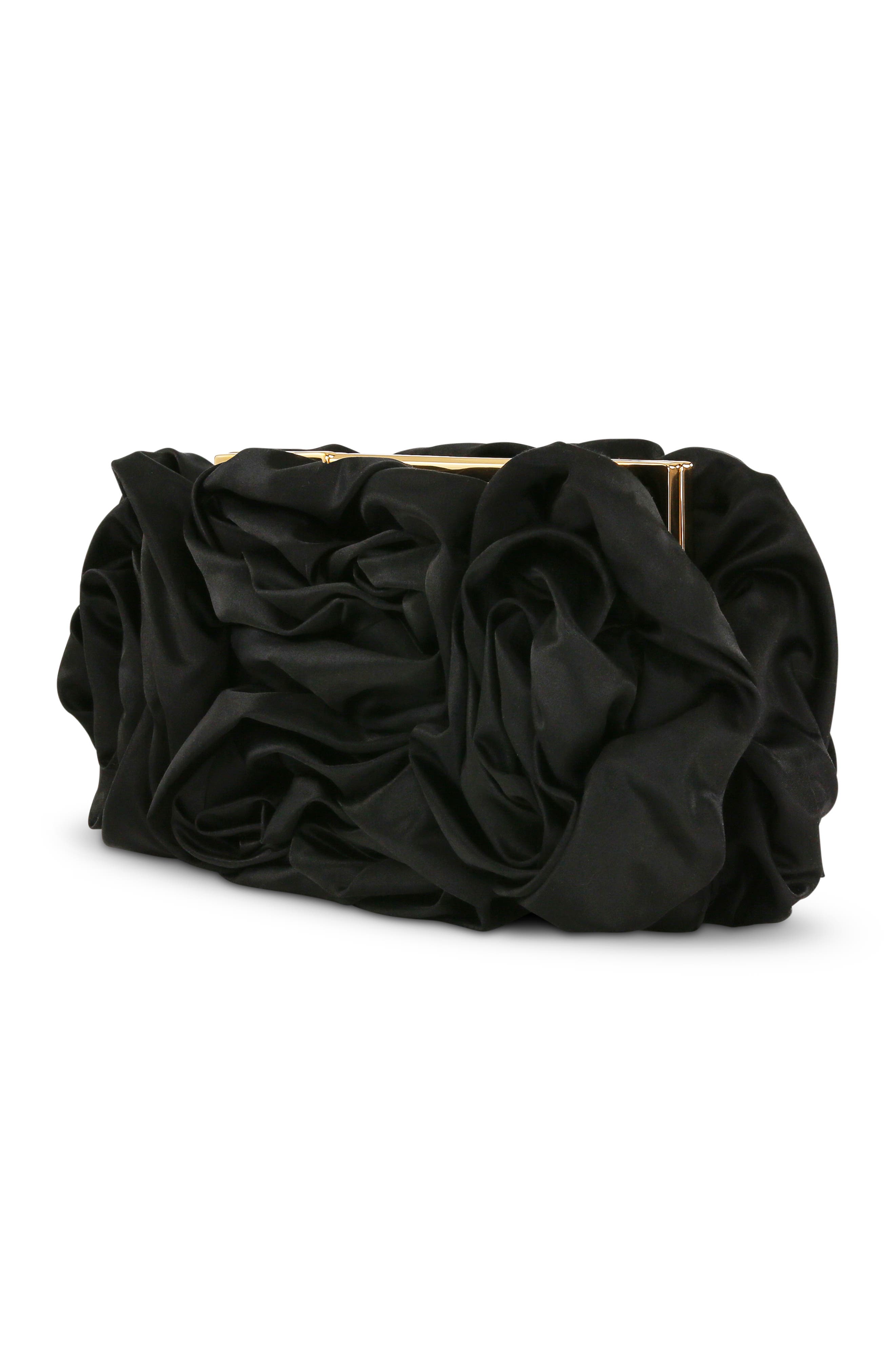 BADGLEY MISCHKA Jett Silk Satin Rosette Clutch, Alternate, color, Black