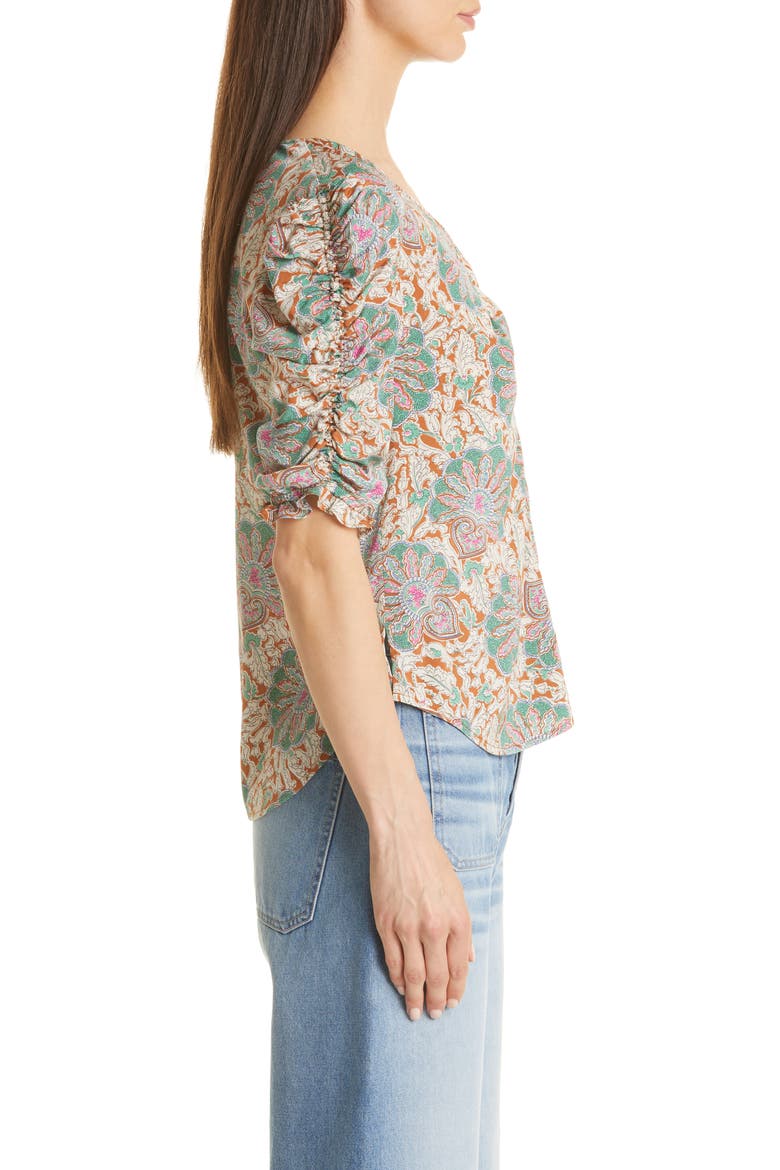 Henrieta Scarf Print Stretch Silk Top, Alternate, color, CARAMEL MULTI