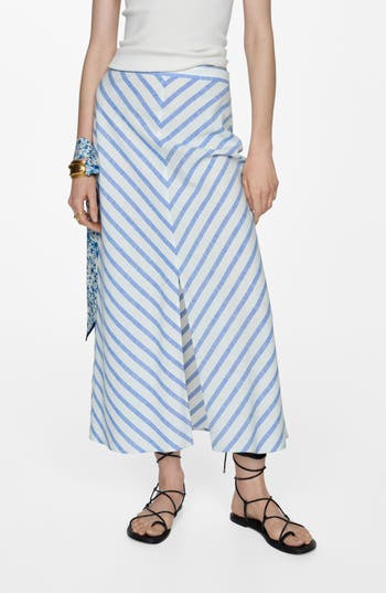 Mango Print Front Slit Skirt In Blue