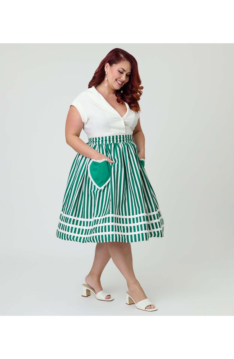 Unique Vintage Plus Size Front Pocket Swing Skirt, Alternate, color, Green & White Stripe
