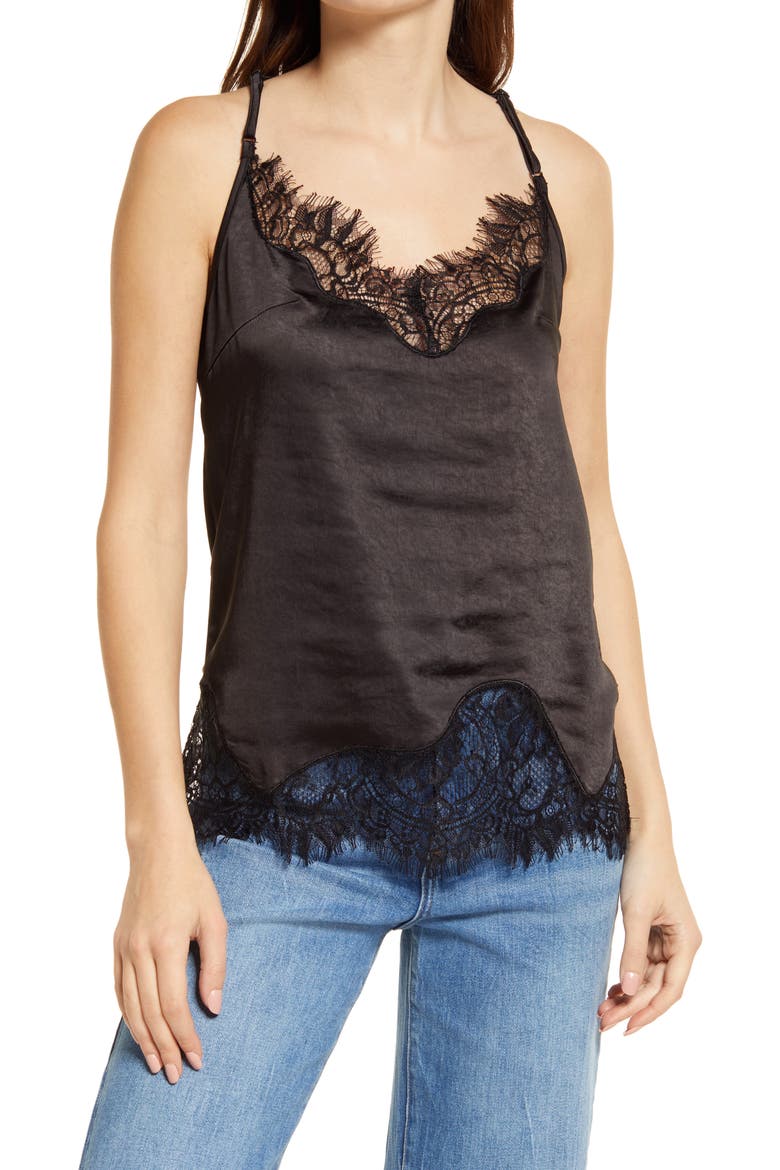 Lace Trim Satin Camisole, Main, color, BLACK
