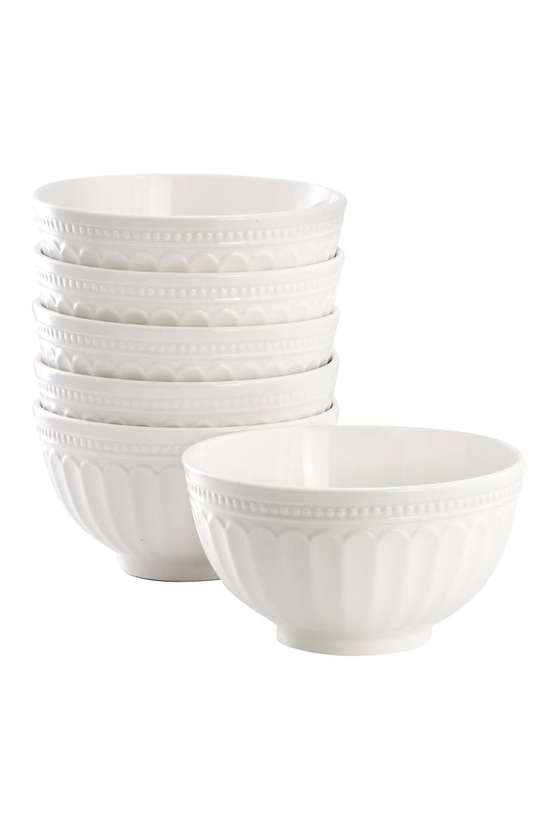 6 Piece Embossed Arch Stoneware Cereal Bowl Set White, Main, color, White