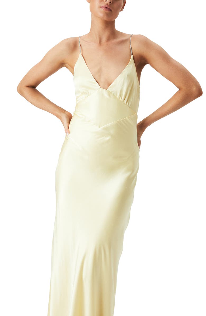 Bardot Capri Diamanté Strap Satin Slip Dress, Alternate, color, Canary Yellow