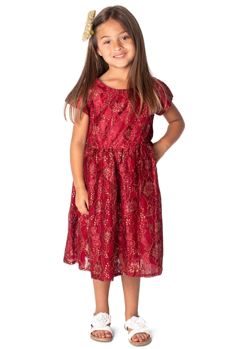 Kids' Metallic Cap Sleeve Lace Dress, Main, color, DARK RED