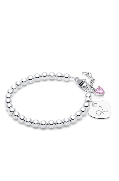 Sterling Silver 4mm Beads & Engraved Initial 6.25" Bracelet