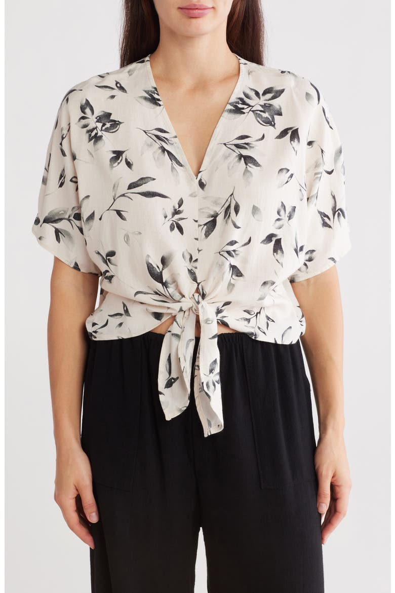 Floral Short Sleeve Tie Front Crop Top, Main, color, BLACK