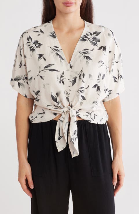 Floral Short Sleeve Tie Front Crop Top