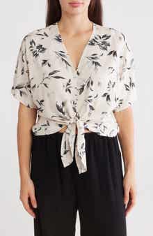 Renee C Floral Short Sleeve Tie Front Crop Top