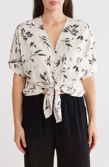 Renee C Floral Short Sleeve Tie Front Crop Top In Black