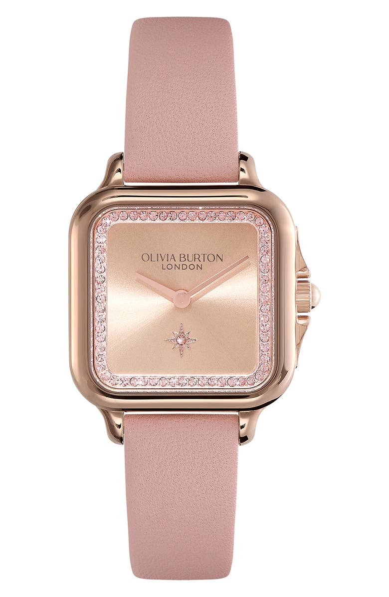 Olivia Burton Grosvenor Leather Strap Watch, 28mm, Main, color, Rose
