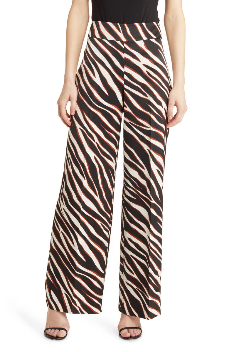 Anne Klein Zebra Print High Waist Wide Leg Satin Pants, Main, color,