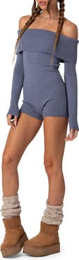 EDIKTED Pandorah Long Sleeve Off the Shoulder Knit Romper