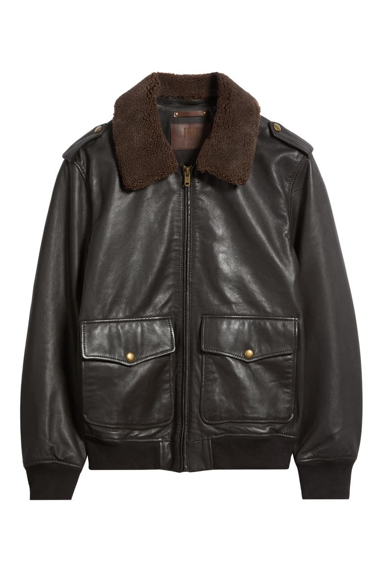 Leather Aviator Jacket with Faux Fleece Collar, Main, color, DARK BROWN