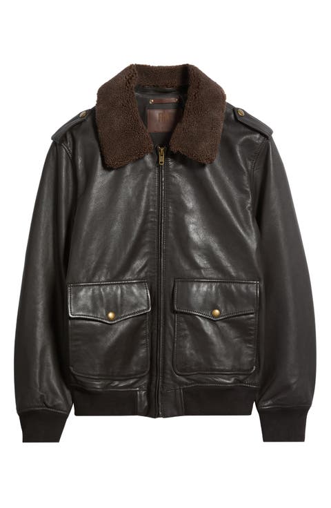 Leather Aviator Jacket with Faux Fleece Collar