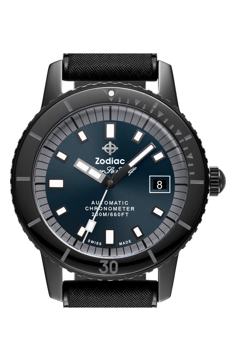 Zodiac Ceramic Compression Diver Automatic Rubber Strap Watch, 41mm, Alternate, color, Black