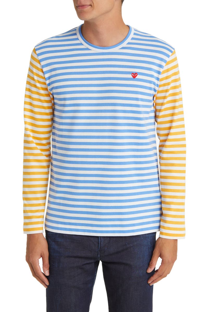 Comme des Garçons PLAY Small Heart Stripe Colorblock Long Sleeve T-Shirt, Main, color, Blue/ Yellow