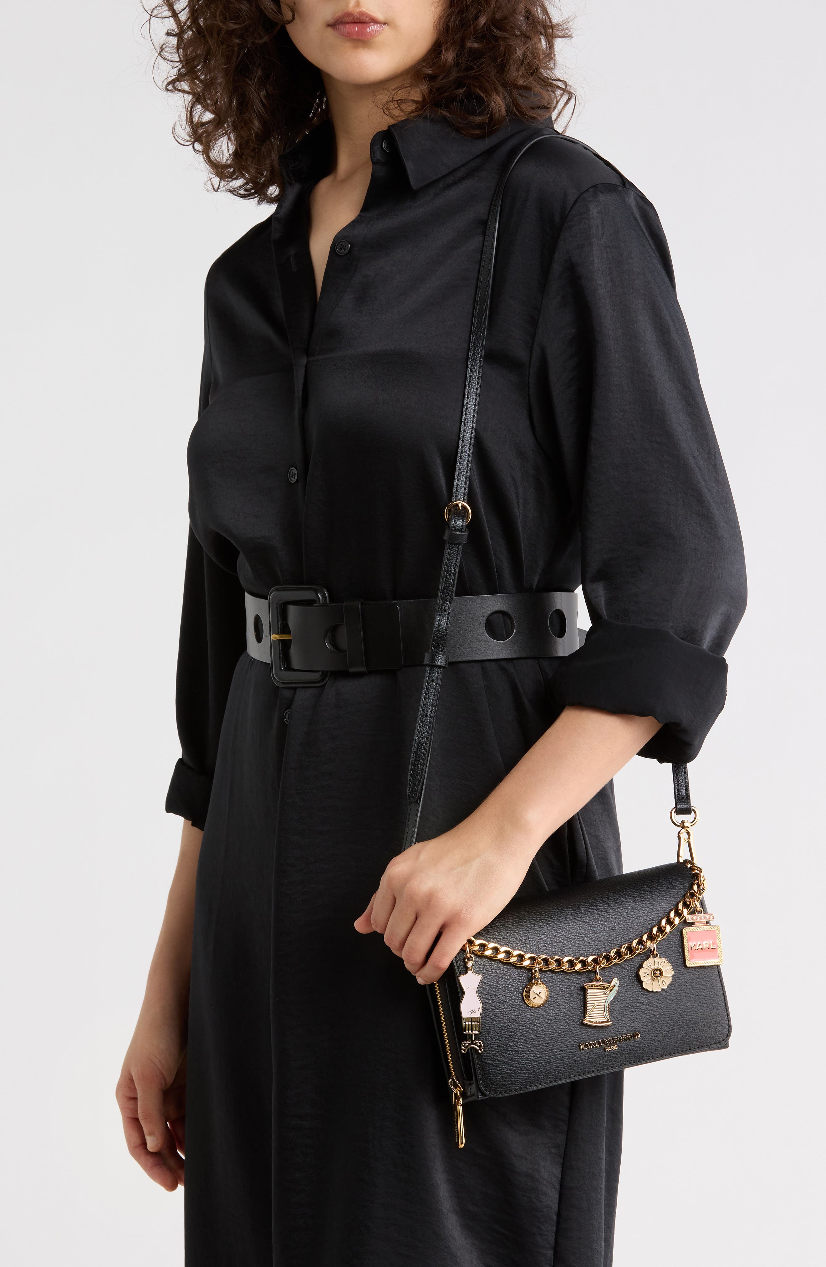 KARL LAGERFELD PARIS Lourdes Crossbody Bag, Alternate, color, Black/ Gold