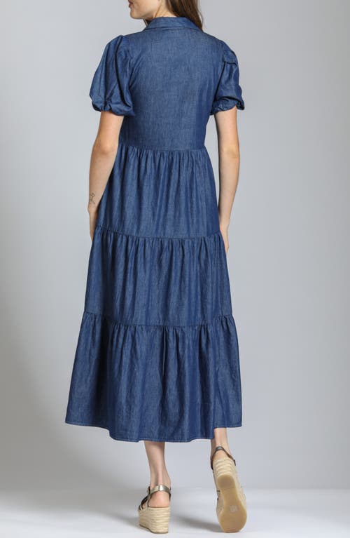 Apny Puff Sleeve Tiered Denim Maxi Dress In Dark Indigo