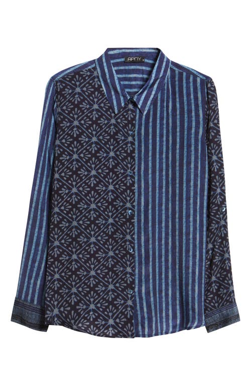 Apny Abstract Print Roll Tab Sleeve Chiffon Button-up Shirt In Blue