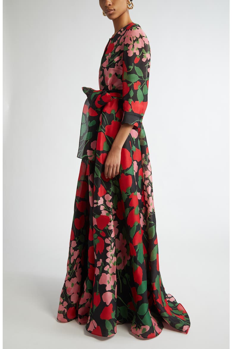 Floral Print Silk Gazar Trench Gown, Alternate, color, BLACK MULTI