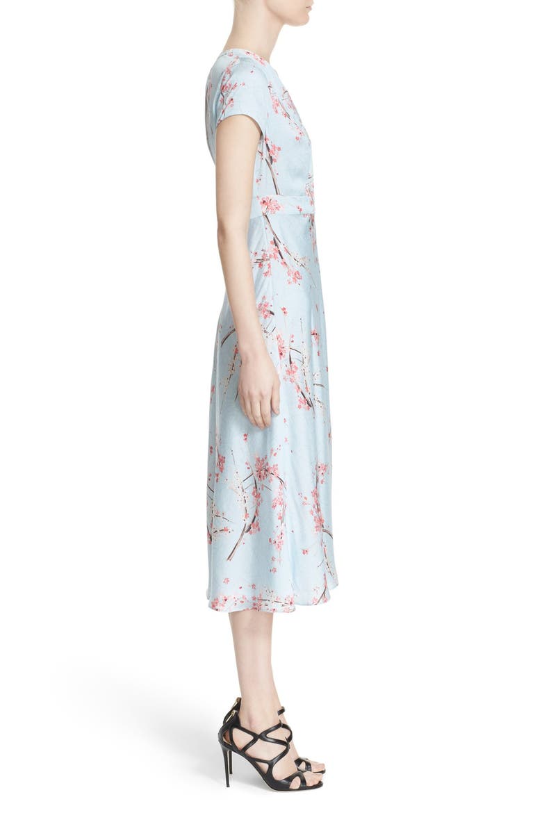 Floral Print Silk Twill Midi Dress, Alternate, color, BLUE CHERRY BLOSSOM PRINT