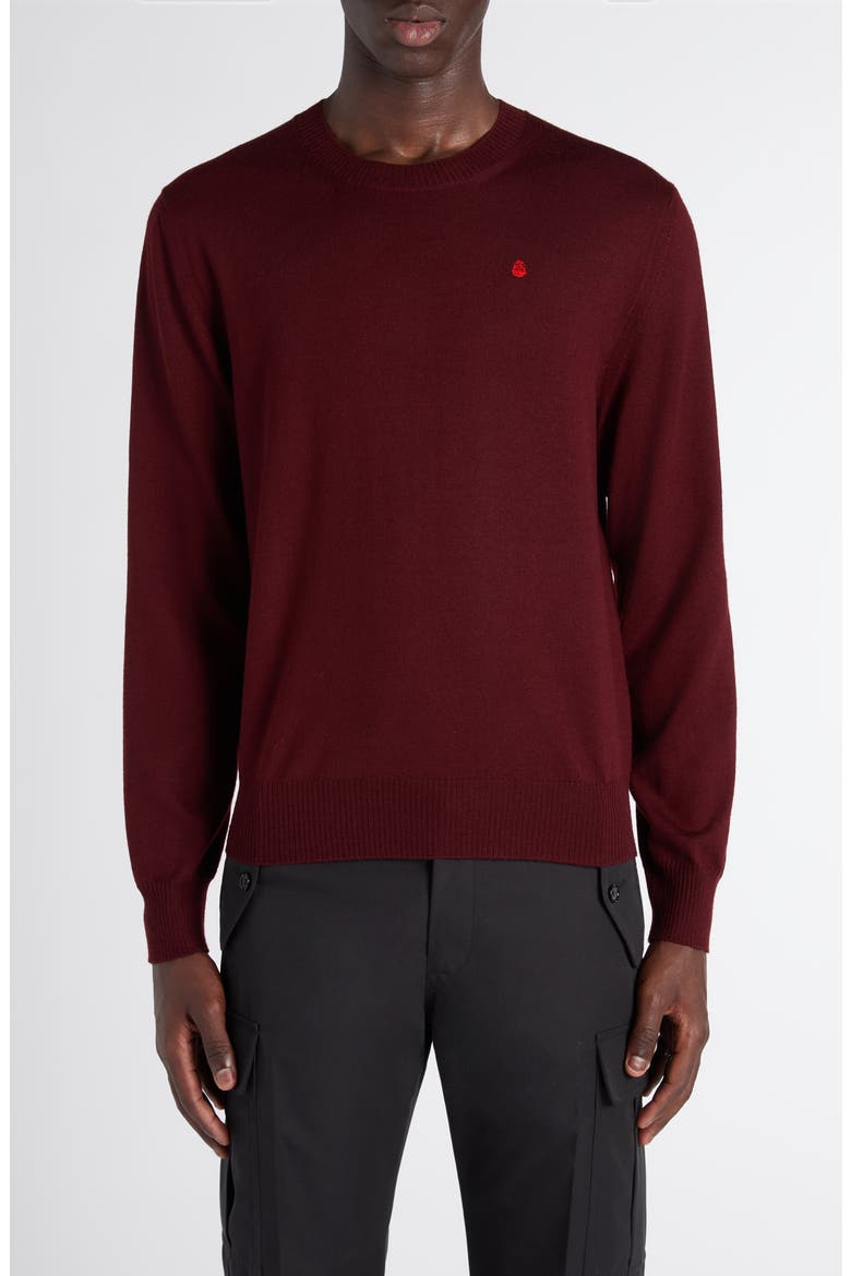 Embroidered Skull Wool Crewneck Sweater, Main, color, OXBLOOD - FIERY RED