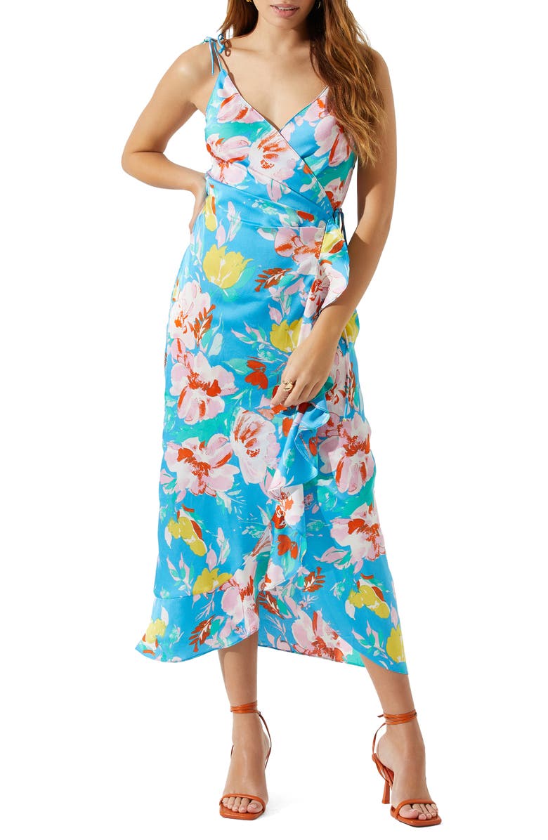 ASTR the Label Floral Satin Wrap Dress, Main, color, 