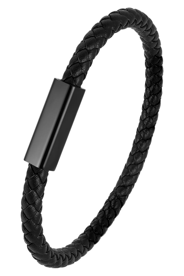 Men's Braided Leather Bracelet, Alternate, color, BLACK