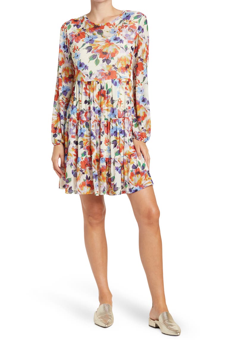 Catherine Long Sleeve Mesh Babydoll Dress, Main, color, PAINT FLOWERS