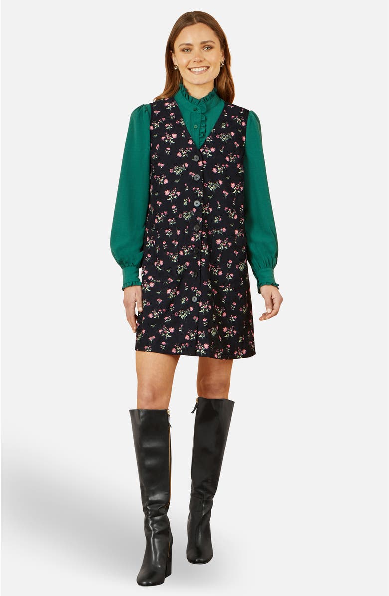 Yumi Floral Print Pinafore Dress, Main, color, Black