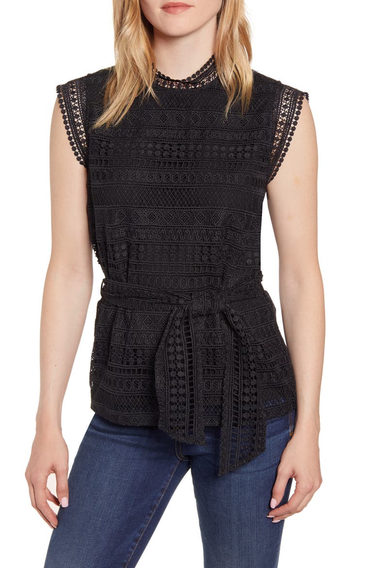 Gibson Belted Lace Top, Main, color, BLACK
