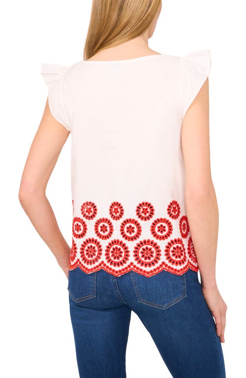 Cece Embroidered Eyelet Ruffle Shoulder Cotton Top In Neutral