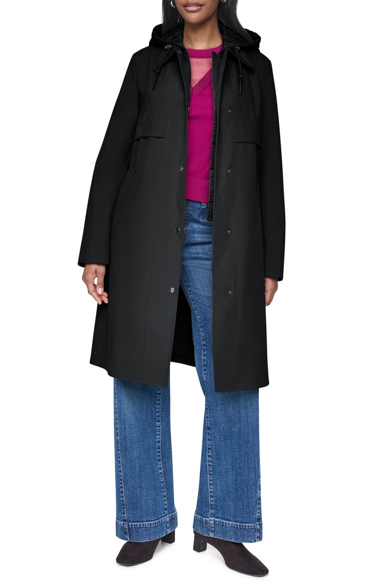 Softshell Quilted Bib Hooded Water Resistant Trench Coat, Alternate, color, BLACK