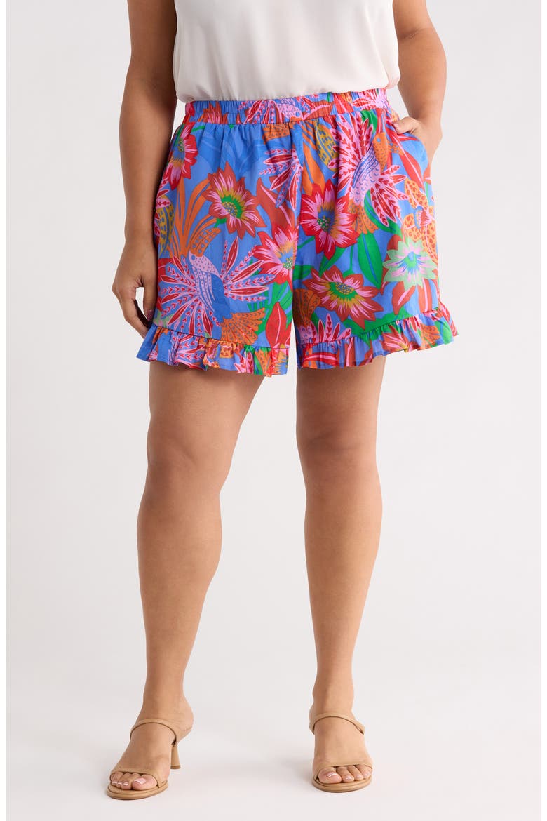 Cindal Floral Daniela Ruffle High Waist Shorts, Main, color, BLUE-PINK-MULTI