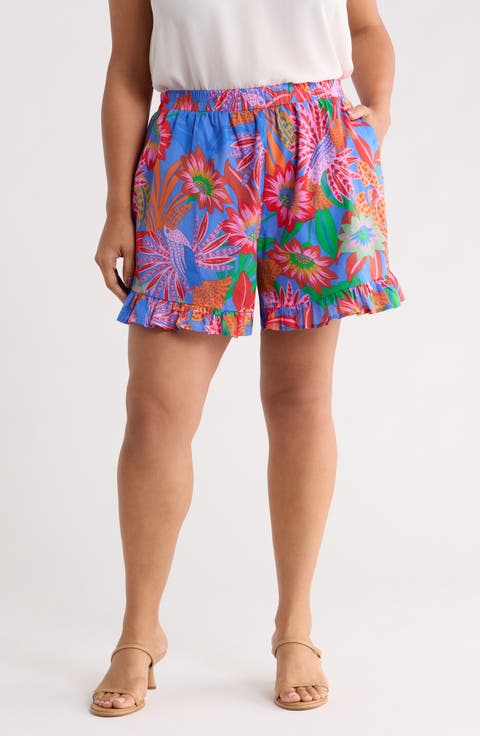 Cindal Floral Daniela Ruffle High Waist Shorts (Plus)