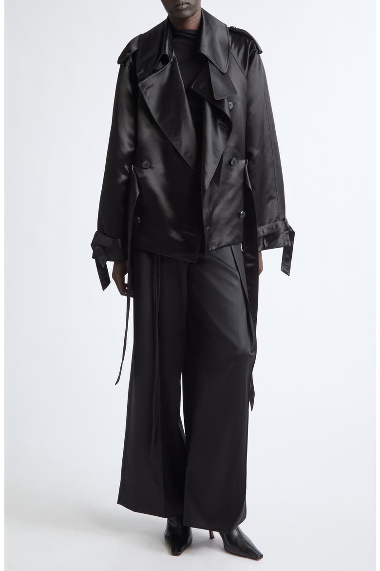 Claw Crop Liquid Satin Trench Coat, Alternate, color, BLACK