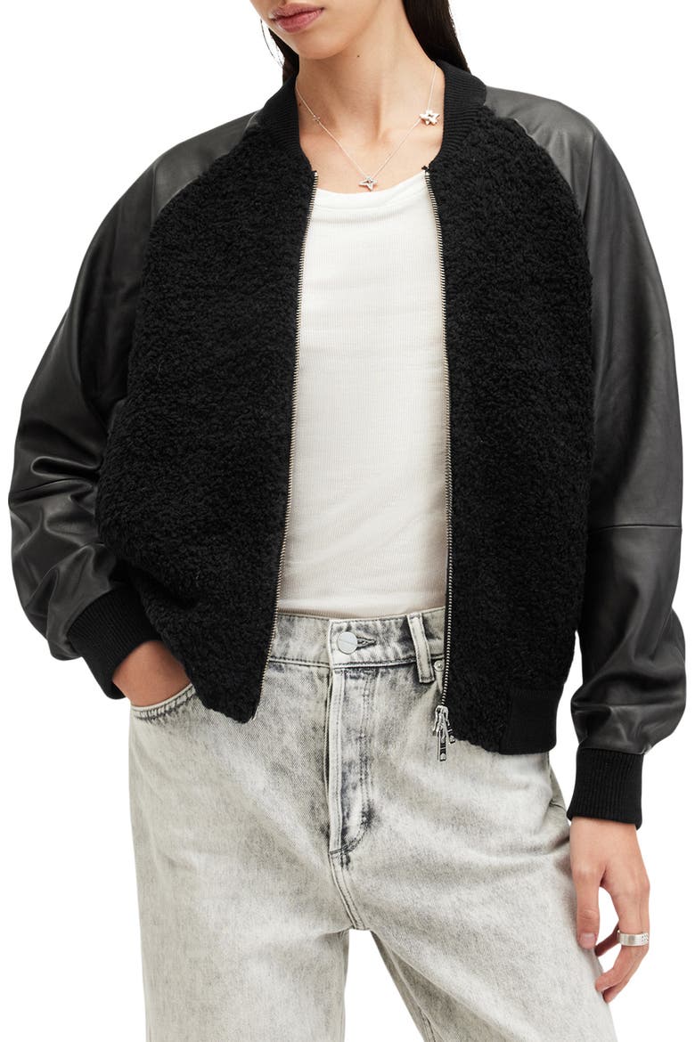 Renata Leather Sleeve Wool Blend Bomber Cardigan, Main, color, BLACK