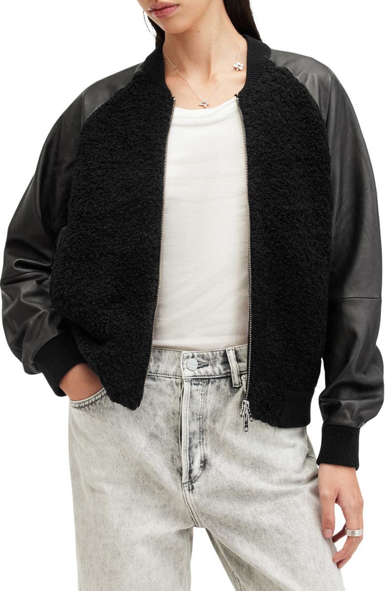 AllSaints Renata Leather Sleeve Wool Blend Bomber Cardigan, Main, color, Black