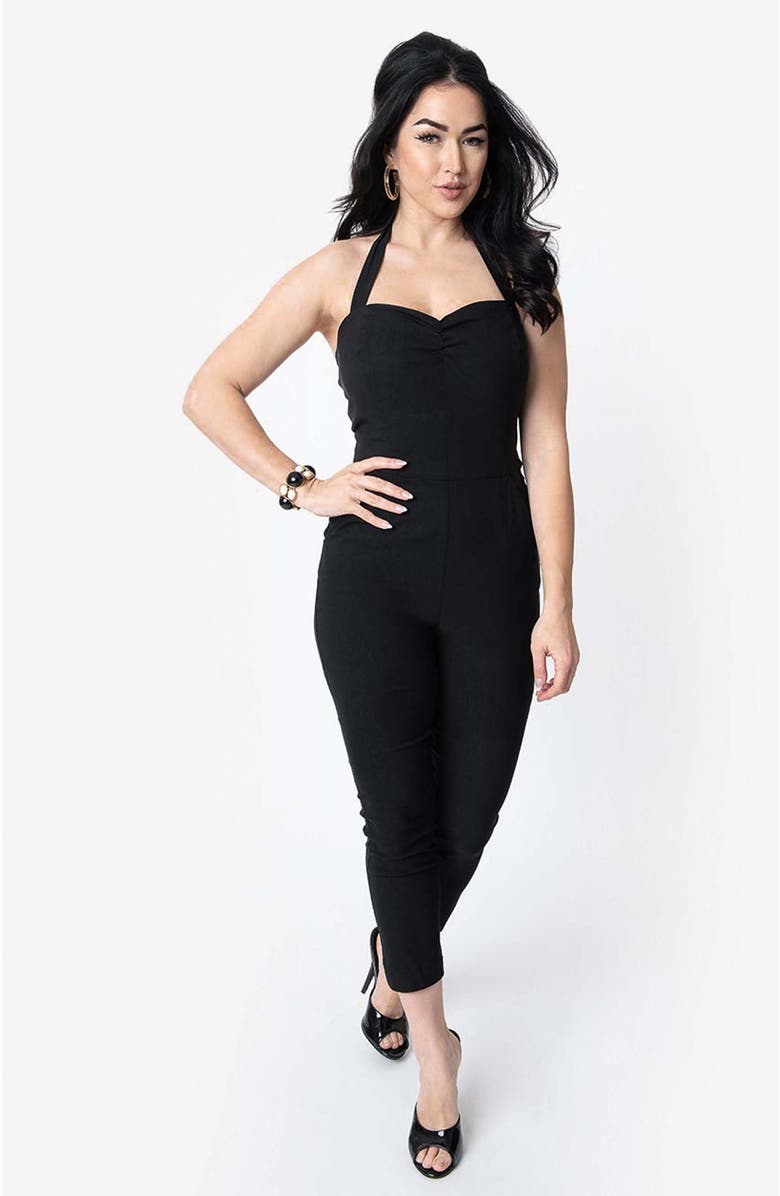 Unique Vintage Sweetheart Halter Marcel Jumpsuit, Main, color, Black