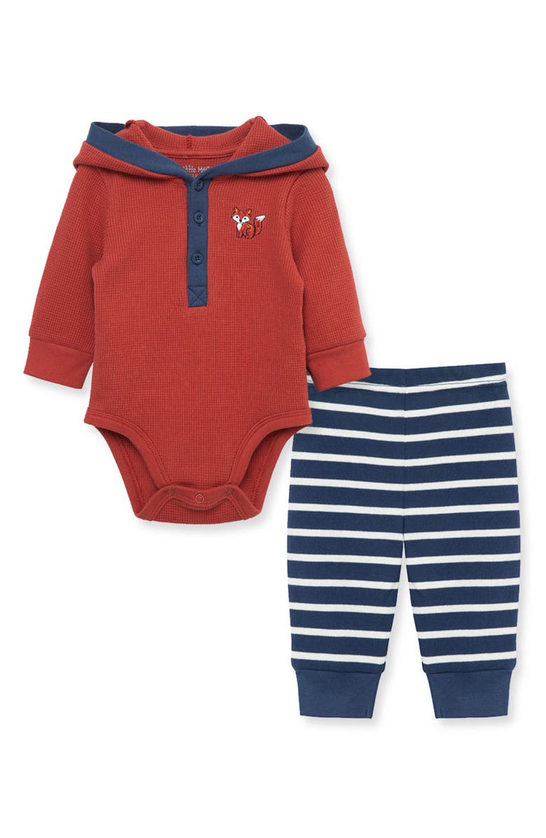 Little Me Fox Hooded Bodysuit & Stripe Pants Set, Alternate, color,