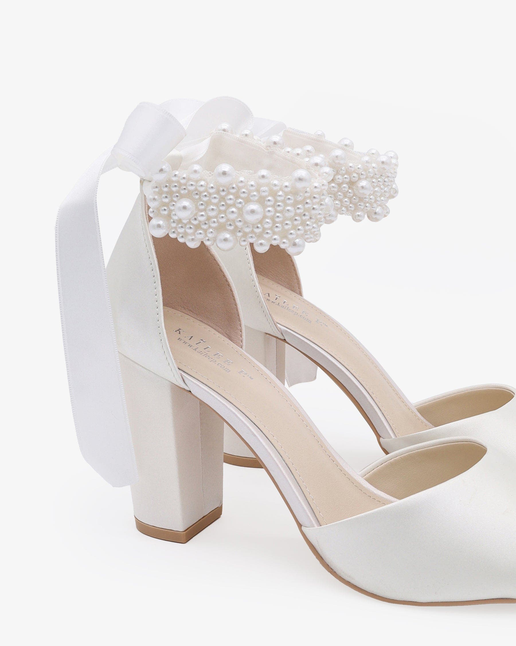 Kailee P Sasha Satin Block Heel Wedding Sandals with Perla Ankle Strap, Alternate, color, White