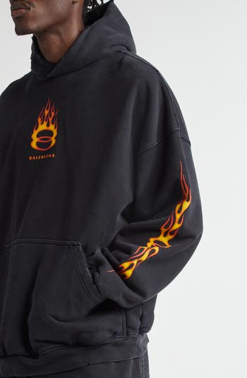 関税込【BALENCIAGA】Oversized Flame Hoody Wash Black Balenciaga Men's Oversized Flame Hoody in Washed Out Black