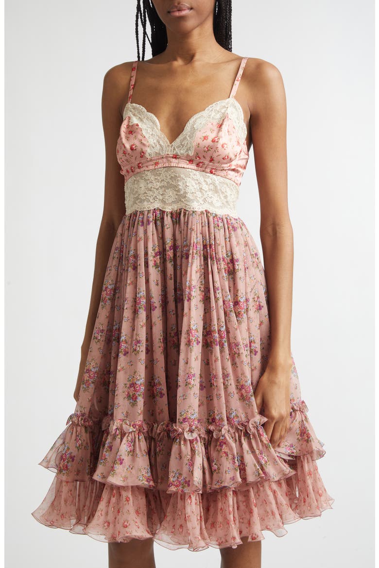 Floral Bouquet Print Satin, Chiffon & Lace Dress, Alternate, color, MAZZOLINI FIORI FROS