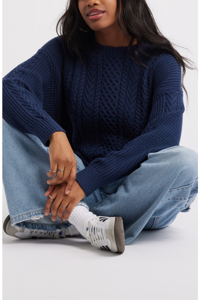 Oversize Cotton Blend Cable Sweater, Alternate, color, NAVY IRIS