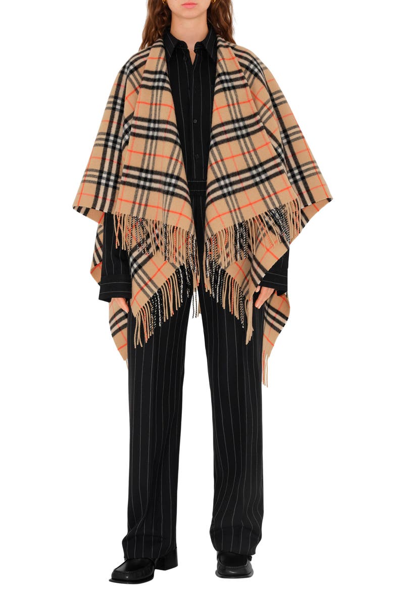 Burberry Check Wool & Cashmere Cape, Main, color, Sand